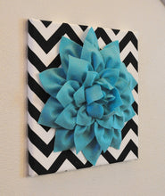 Load image into Gallery viewer, Light Turquoise Dahlia on Black and White Zigzag Pillow -Chevron Pillow- - Daisy Manor