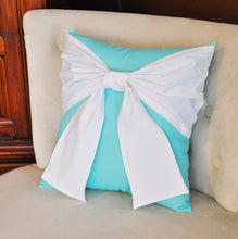 Load image into Gallery viewer, White Bow on Bright Aqua Throw Pillow - Daisy Manor