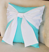 Load image into Gallery viewer, White Bow on Bright Aqua Throw Pillow - Daisy Manor