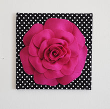 Load image into Gallery viewer, Home Decor - Rose Wall Hanging- Fuchsia Rose on Black and White Polka Dot 12 x12" Canvas Wall Art- 3D Felt Flower - Daisy Manor
