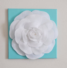 Load image into Gallery viewer, Rose Wall Hanging- White Rose on Aqua Blue Solid 12 x12" Canvas Wall Art- 3D Felt Flower - Daisy Manor