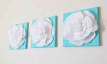 Load image into Gallery viewer, Set Of Three White Roses on Bright Aqua12 x12" Canvas - Daisy Manor