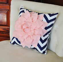 Load image into Gallery viewer, Light Pink Dahlia on Navy and White Zigzag - Pillows - Chevron Pillow - Daisy Manor