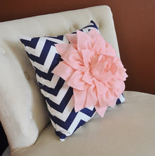 Load image into Gallery viewer, Light Pink Dahlia on Navy and White Zigzag - Pillows - Chevron Pillow - Daisy Manor