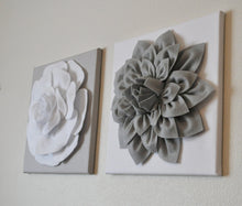 Load image into Gallery viewer, Two Rose Wall Hangings -White Rose on Solid Light Gray 12 x12" Canvases Wall Art- 3D Felt Flower - Daisy Manor
