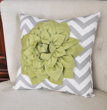 Load image into Gallery viewer, Sage Green Dahlia on Gray and White Zigzag Pillow -Chevron Pillow- - Daisy Manor