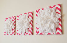Load image into Gallery viewer, THREE White Dahlia Flowers on Hot Pink and White Chevron Canvases - Daisy Manor