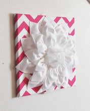 Load image into Gallery viewer, THREE White Dahlia Flowers on Hot Pink and White Chevron Canvases - Daisy Manor