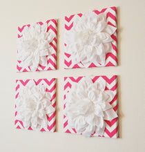 Load image into Gallery viewer, THREE White Dahlia Flowers on Hot Pink and White Chevron Canvases - Daisy Manor