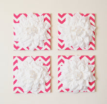 Load image into Gallery viewer, Wall Decor -Set Of Four White Dahlias on Hot Pink and White Chevron 12 x12" Canvases Wall Art- 3D Felt Flower - Daisy Manor