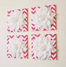 Load image into Gallery viewer, Wall Decor -Set Of Four White Dahlias on Hot Pink and White Chevron 12 x12" Canvases Wall Art- 3D Felt Flower - Daisy Manor