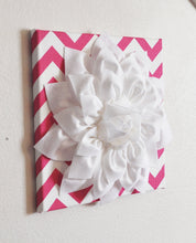Load image into Gallery viewer, Wall Decor -Set Of Four White Dahlias on Hot Pink and White Chevron 12 x12" Canvases Wall Art- 3D Felt Flower - Daisy Manor