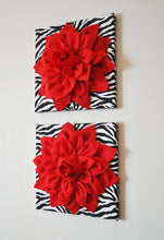 Load image into Gallery viewer, Two Wall Flowers -Red Dahlia Flowers on Black and White Zebra Print 12 x12" Canvas Wall Art- Baby Nursery Wall Decor- - Daisy Manor