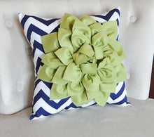 Load image into Gallery viewer, Sage Decorative Throw Pillow Sage Green Dahlia on Navy and White Chevron Pillow -Home Decor- - Daisy Manor