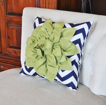 Load image into Gallery viewer, Sage Decorative Throw Pillow Sage Green Dahlia on Navy and White Chevron Pillow -Home Decor- - Daisy Manor