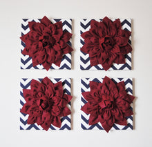 Load image into Gallery viewer, FOUR Ruby Red Dahlias on Navy and White Chevron Canvases - Daisy Manor