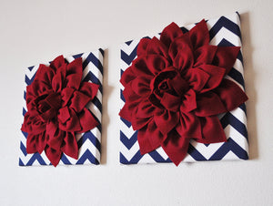 FOUR Ruby Red Dahlias on Navy and White Chevron Canvases - Daisy Manor