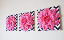 Load image into Gallery viewer, THREE Pink Flower Set on Navy and White Prints Canvases - Daisy Manor