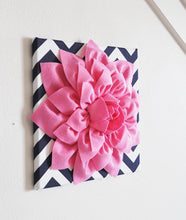 Load image into Gallery viewer, Wall Decor -Set Of Three Pink Dahlias on Navy and White Chevron 12 x12" Canvas Wall Art- - Daisy Manor