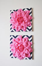 Load image into Gallery viewer, Two Wall Flowers -Pink Dahlia on Navy and White Chevron 12 x12" Canvas Wall Art- 3D Felt Flower - Daisy Manor