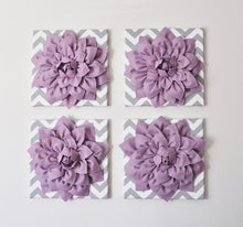 Load image into Gallery viewer, Wall Decor -Set Of Four Lilac Dahlias on Gray and White Chevron 12 x12" Canvases Wall Art- 3D Felt Flower - Daisy Manor