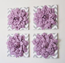 Load image into Gallery viewer, Wall Decor -Set Of Four Lilac Dahlias on Gray and White Chevron 12 x12" Canvases Wall Art- 3D Felt Flower - Daisy Manor