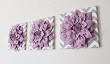 Load image into Gallery viewer, Wall Art - Three Purple Dahlia on Gray and White Chevron 12 x12" Canvas Home Decor - 3D Felt Flower - Daisy Manor