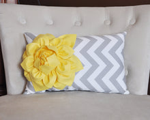 Load image into Gallery viewer, Decorative Lumbar Pillow Yellow Dahlia on Gray and White Zig Zag Chevron Lumbar Pillow 9 x 16 - Daisy Manor