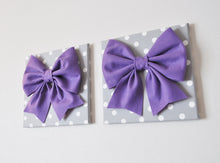 Load image into Gallery viewer, Two Wall Hangings -Large Lavender Bow on Gray with White Polka Dot 12 x12" Canvas Wall Art- Baby Nursery Wall Decor- - Daisy Manor