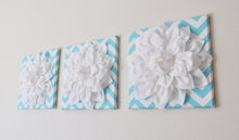 Load image into Gallery viewer, Three White Dahlia on Aqua and White Chevron Canvases - Daisy Manor