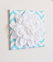 Load image into Gallery viewer, Three White Dahlia on Aqua and White Chevron Canvases - Daisy Manor