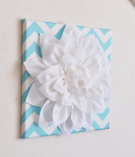 Load image into Gallery viewer, Two Wall Flowers - White Dahlia on Aqua and White Chevron 12 x12" Canvases Wall Art- Baby Nursery - Wall Decor- - Daisy Manor