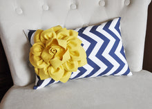 Load image into Gallery viewer, Navy Chevron Lumbar Pillow Mellow Yellow Dahlia on Navy and White Zig Zag Lumbar Pillow 9 x 16 - Daisy Manor