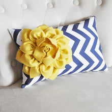 Load image into Gallery viewer, Pink Flower on Navy Chevron Lumbar Pillow - Daisy Manor