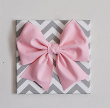 Load image into Gallery viewer, Large Light Pink Bow on Gray and White Chevron 12 x12" Canvas Wall Art- Baby Nursery Wall Decor- Zig Zag - Daisy Manor