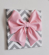 Load image into Gallery viewer, Large Light Pink Bow on Gray and White Chevron 12 x12" Canvas Wall Art- Baby Nursery Wall Decor- Zig Zag - Daisy Manor