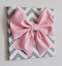 Load image into Gallery viewer, Set of Two Large Light Pink Bow on Gray and White Chevron 12 x12" Canvas Wall Art- Baby Nursery Wall Decor- Zig Zag - Daisy Manor