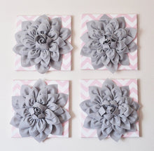 Load image into Gallery viewer, Wall Hanging -Set Of Four Gray Dahlia Flowers on Light Pink and White Chevron 12 x12" Canvases Wall Art- 3D Felt Flower - Daisy Manor