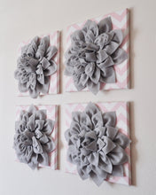 Load image into Gallery viewer, Wall Hanging -Set Of Four Gray Dahlia Flowers on Light Pink and White Chevron 12 x12" Canvases Wall Art- 3D Felt Flower - Daisy Manor