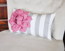 Load image into Gallery viewer, Stripe Lumbar Pillow Coral Dahlia on Gray and White Striped Lumbar Pillow 9 x 16 - Daisy Manor