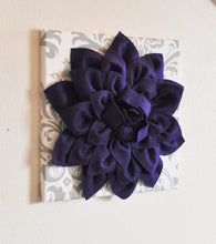 Load image into Gallery viewer, Two Wall Flowers -Deep Purple Dahlia on White and Gray Damask 12 x12" Canvas Wall Art- Baby Nursery Wall Decor- - Daisy Manor