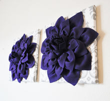 Load image into Gallery viewer, Two Wall Flowers -Deep Purple Dahlia on White and Gray Damask 12 x12" Canvas Wall Art- Baby Nursery Wall Decor- - Daisy Manor
