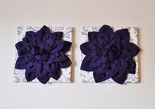 Load image into Gallery viewer, Two Wall Flowers -Deep Purple Dahlia on White and Gray Damask 12 x12" Canvas Wall Art- Baby Nursery Wall Decor- - Daisy Manor