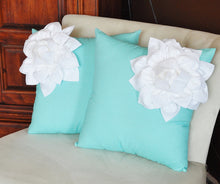 Load image into Gallery viewer, White Corner Dahlia on Bright Aqua Pillow 14 X 14 Aqua Blue Pillow Toss Pillow Decorative Pillow - Daisy Manor