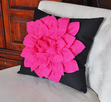 Load image into Gallery viewer, Pillow - 16 x 16 inch Hot Pink Dahlia Flower on Black Pillow - Daisy Manor