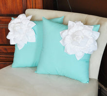 Load image into Gallery viewer, Two Decorative Pillows White Corner Dahlia on Aqua Blue Pillows -Aqua Blue Pillow- Decorative Pillows- - Daisy Manor
