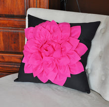 Load image into Gallery viewer, Pillows - Hot Pink Dahlia Flower on Black Pillow - Daisy Manor