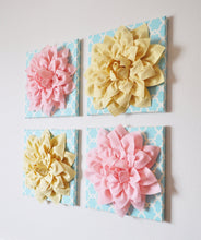 Load image into Gallery viewer, Two Wall Flowers -Light Yellow Dahlia on Blue Tarika 12 x12" Canvas Wall Art- Baby Nursery Wall Decor- - Daisy Manor