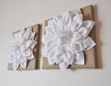Load image into Gallery viewer, Two Wall Flowers -White Dahlias on Burlap 12 x12" Canvas Wall Art- Rustic Home Decor- - Daisy Manor