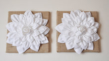 Load image into Gallery viewer, Two Wall Flowers -White Dahlias on Burlap 12 x12" Canvas Wall Art- Rustic Home Decor- - Daisy Manor